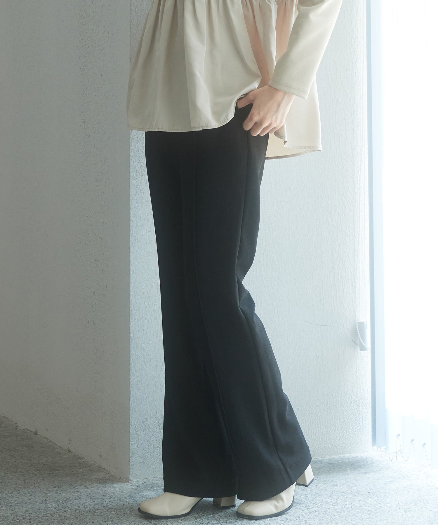 ウエストゴムストレッチフレアパンツsdp0019 ブラック