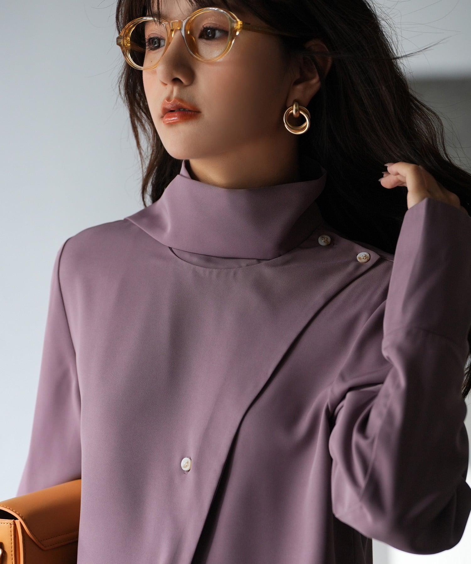 アシメトリーネックとろみ素材シャツsdp0054 パープル