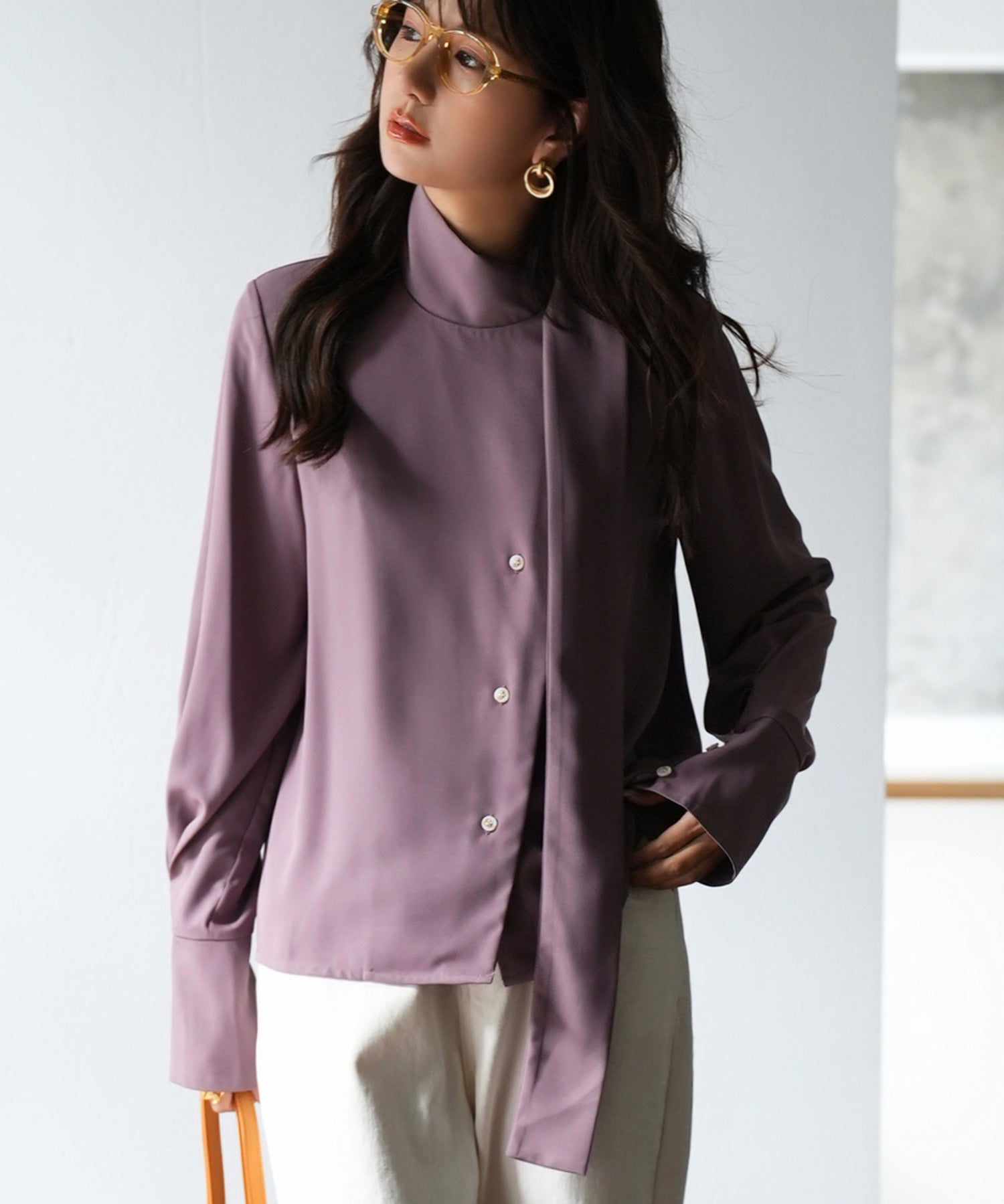 アシメトリーネックとろみ素材シャツsdp0054 パープル