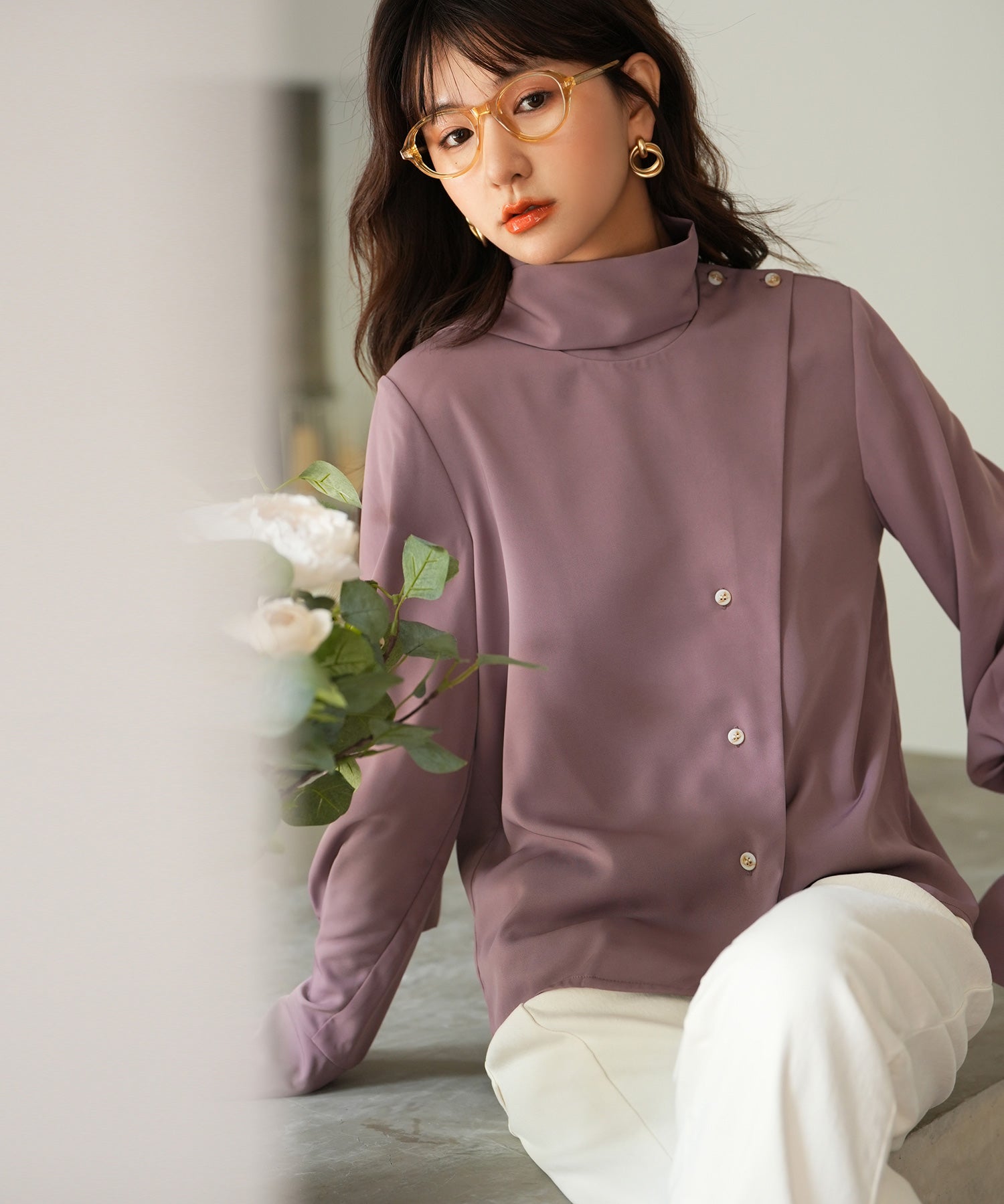 アシメトリーネックとろみ素材シャツsdp0054 パープル