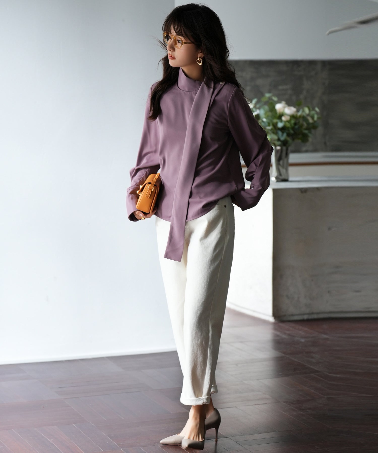 アシメトリーネックとろみ素材シャツsdp0054 パープル