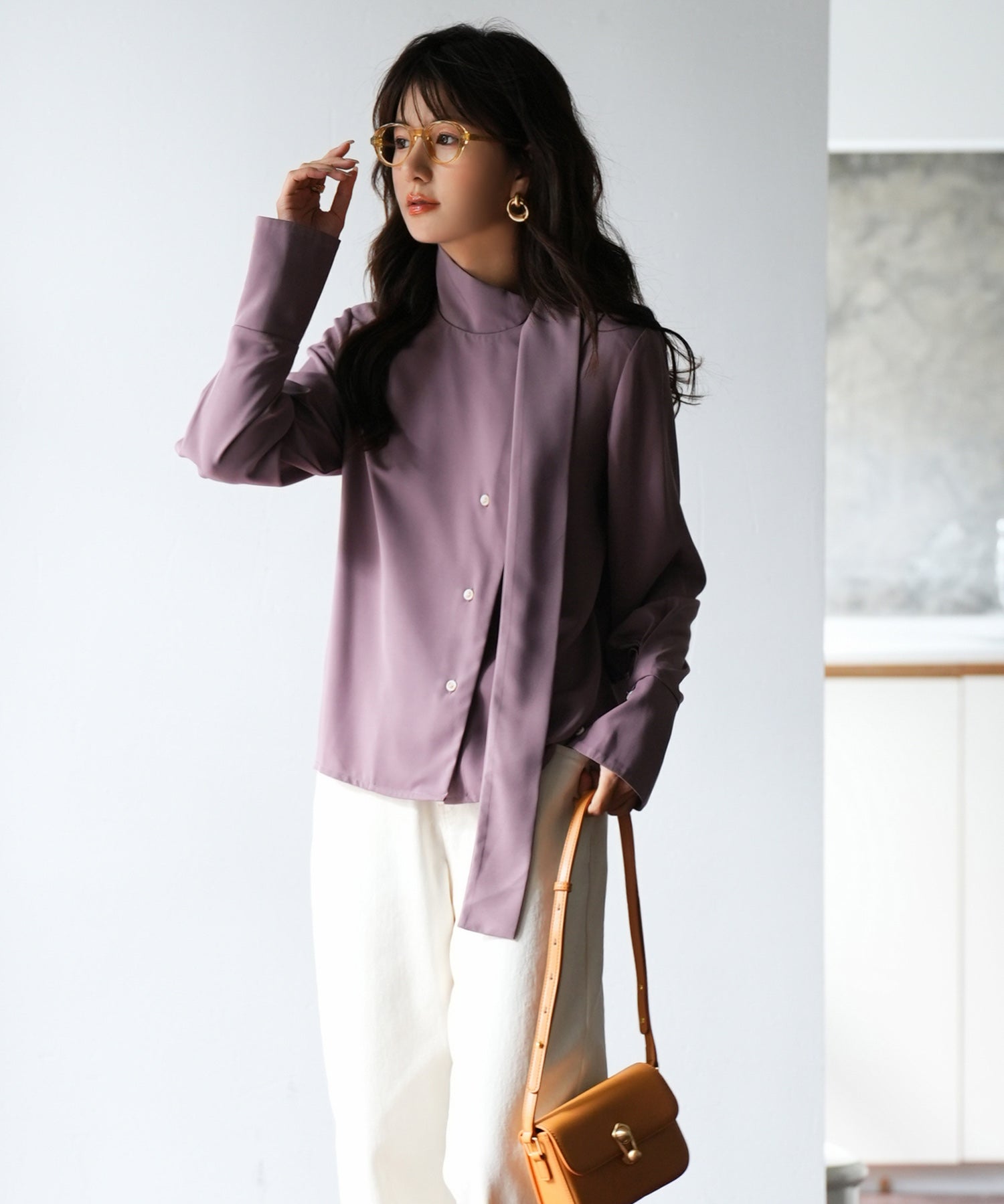 アシメトリーネックとろみ素材シャツsdp0054 パープル