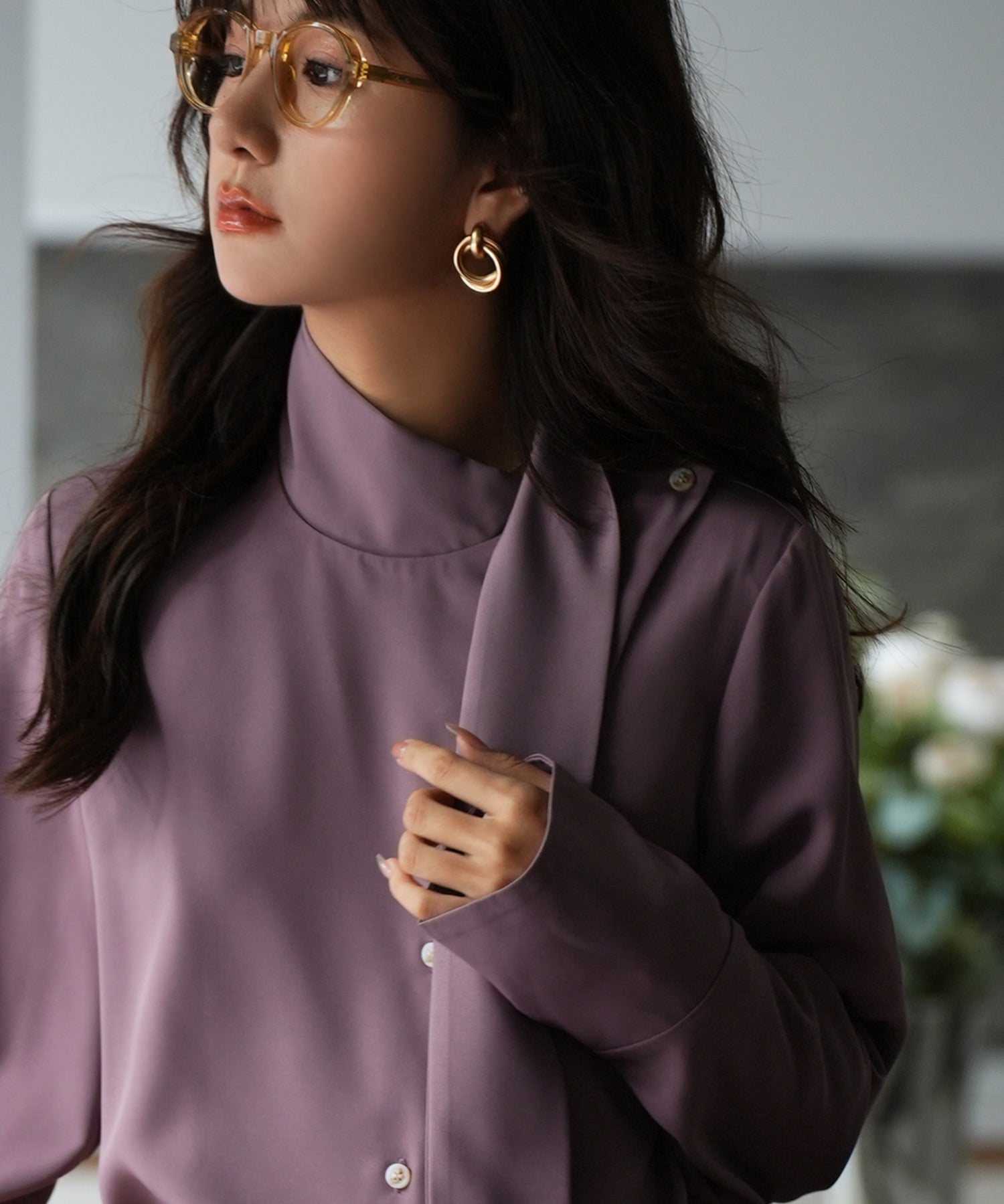 アシメトリーネックとろみ素材シャツsdp0054 パープル