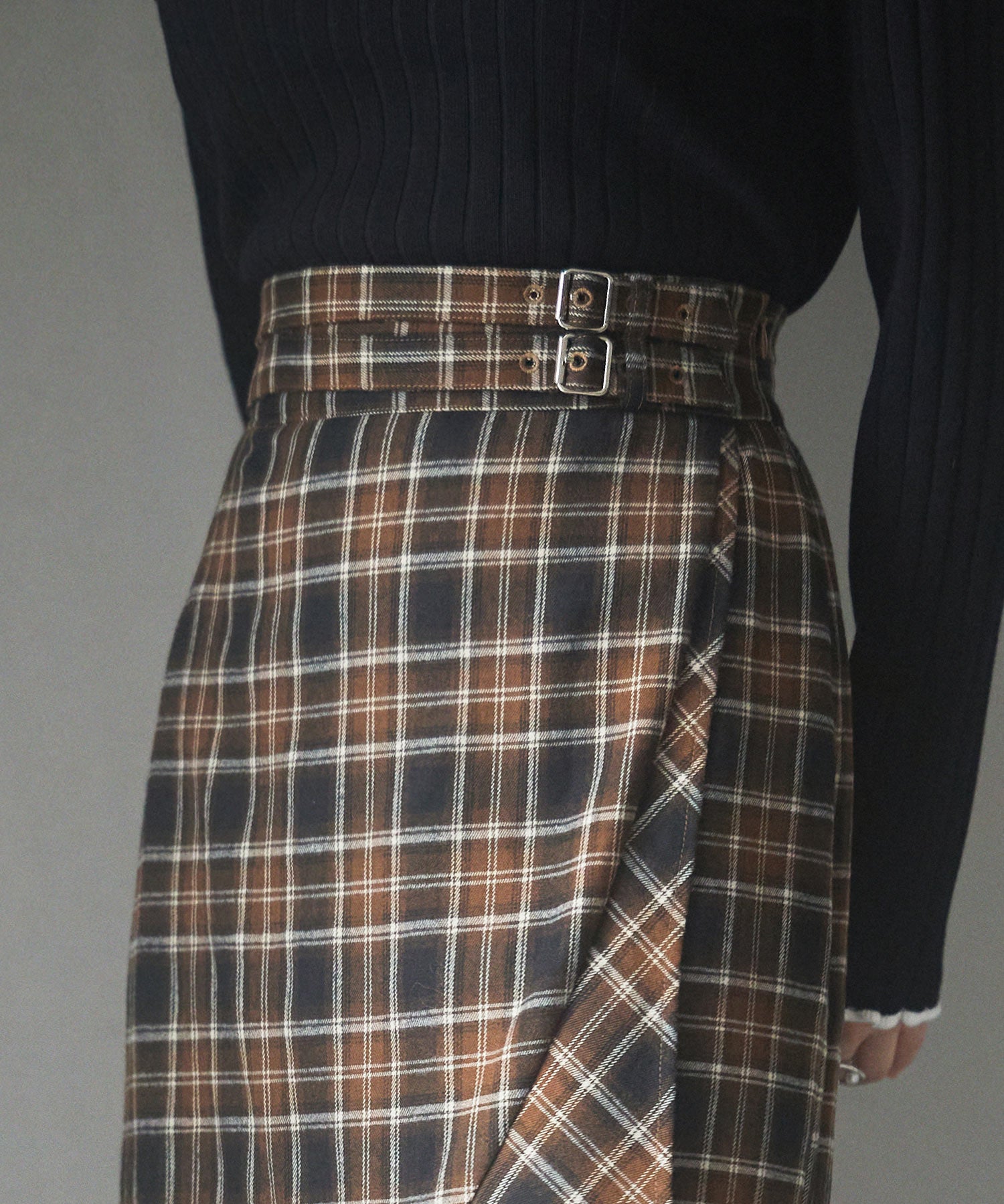 ラップ風チェック柄ヘム裾スカートsdp0057c ブラウン