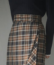 ラップ風チェック柄ヘム裾スカートsdp0057c ブラウン