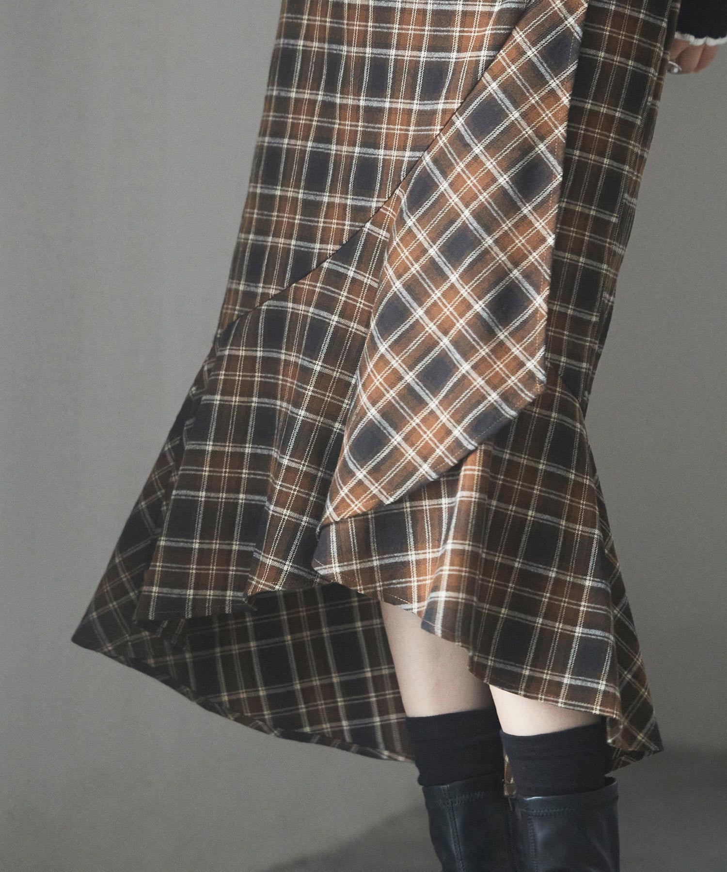 ラップ風チェック柄ヘム裾スカートsdp0057c ブラウン