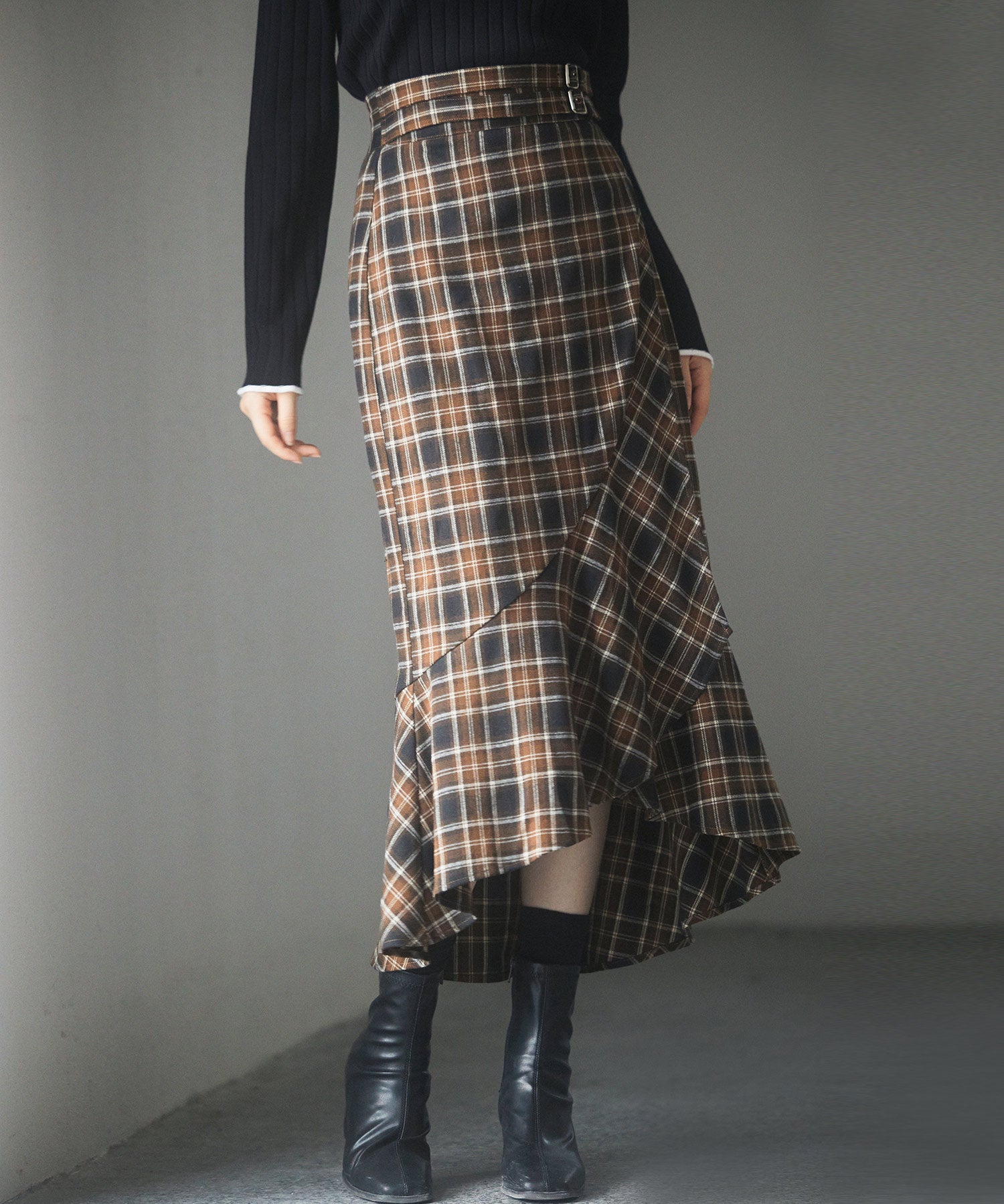 ラップ風チェック柄ヘム裾スカートsdp0057c ブラウン