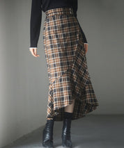 ラップ風チェック柄ヘム裾スカートsdp0057c ブラウン