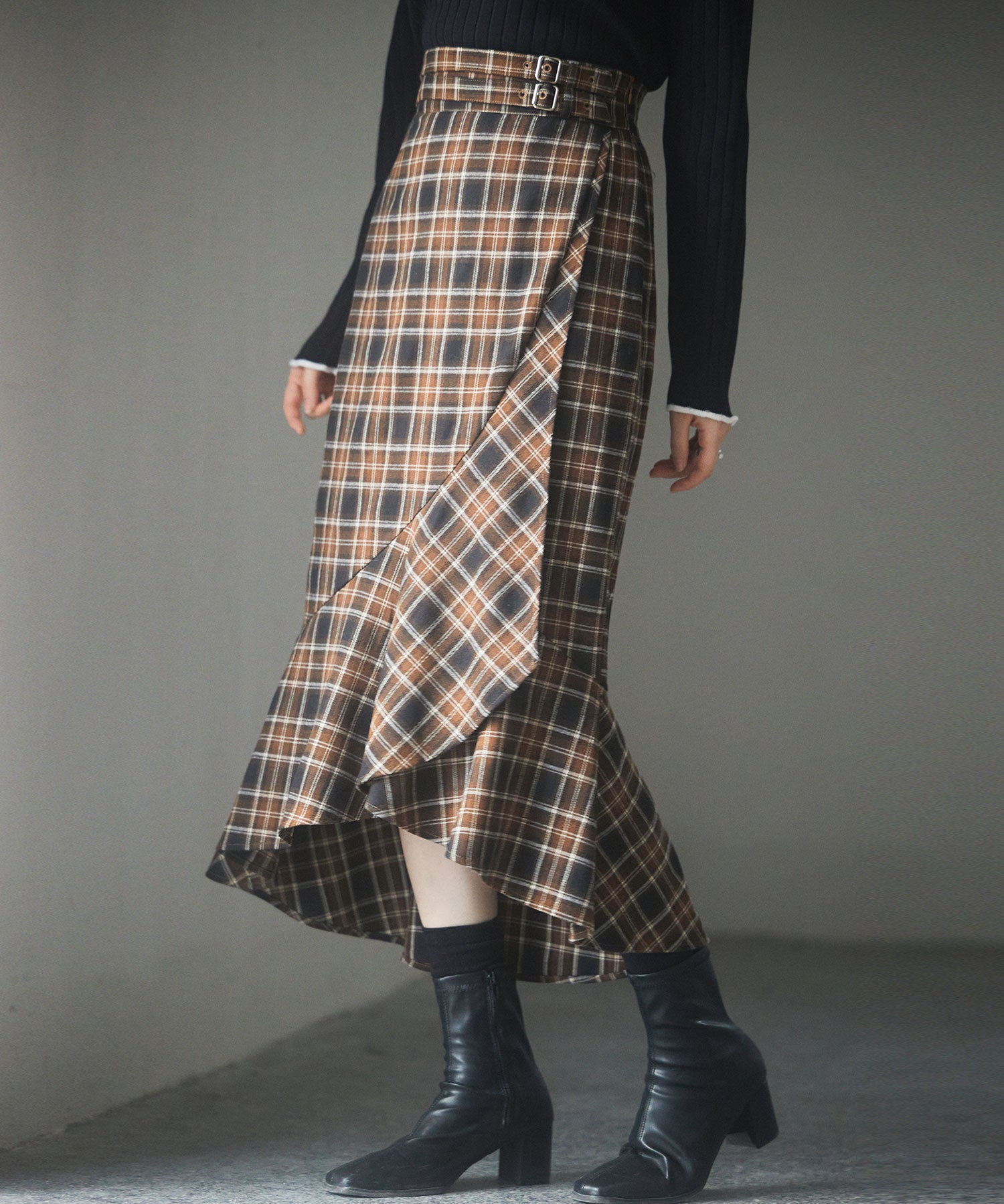 ラップ風チェック柄ヘム裾スカートsdp0057c ブラウン