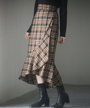 ラップ風チェック柄ヘム裾スカートsdp0057c ブラウン