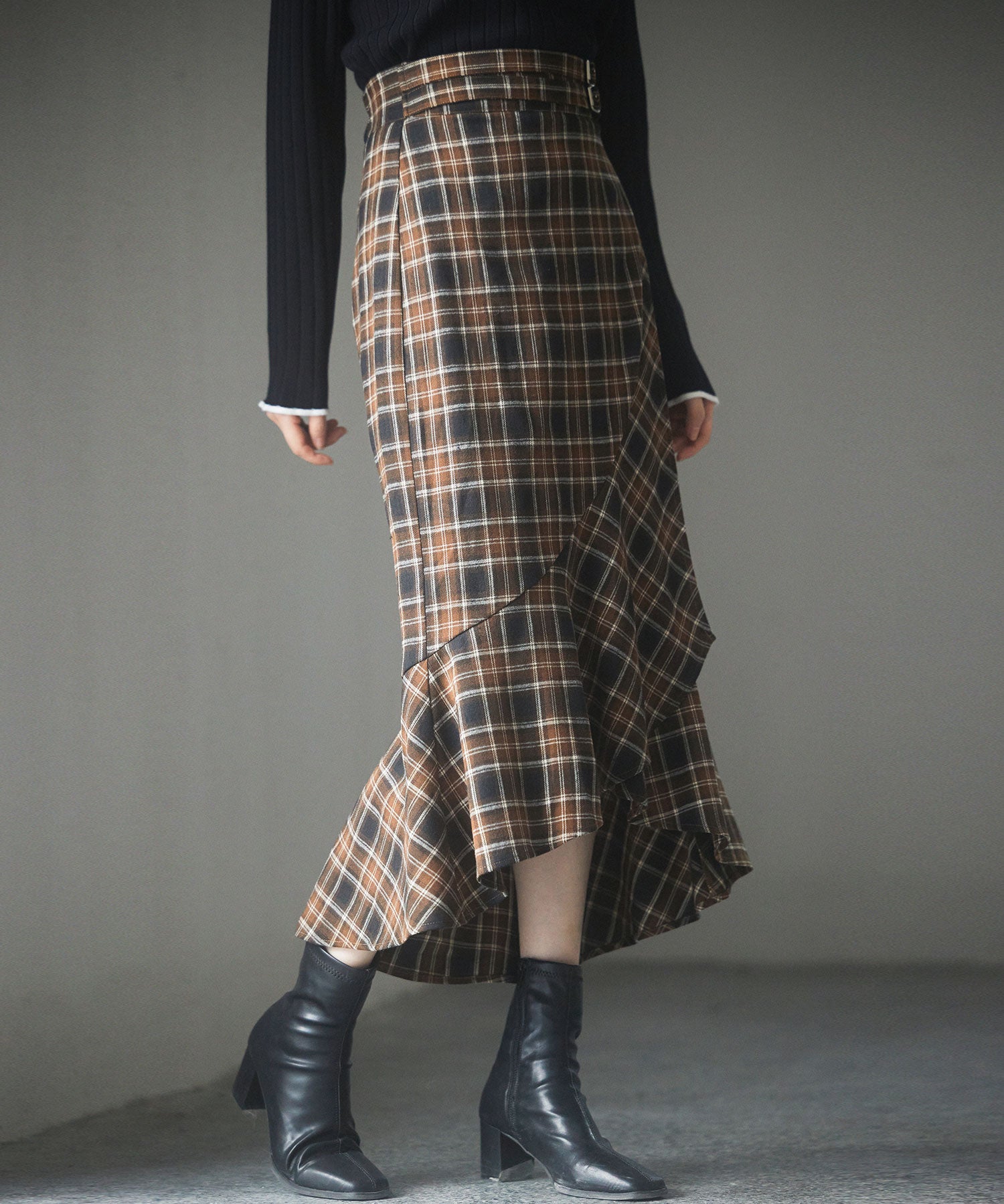 ラップ風チェック柄ヘム裾スカートsdp0057c ブラウン