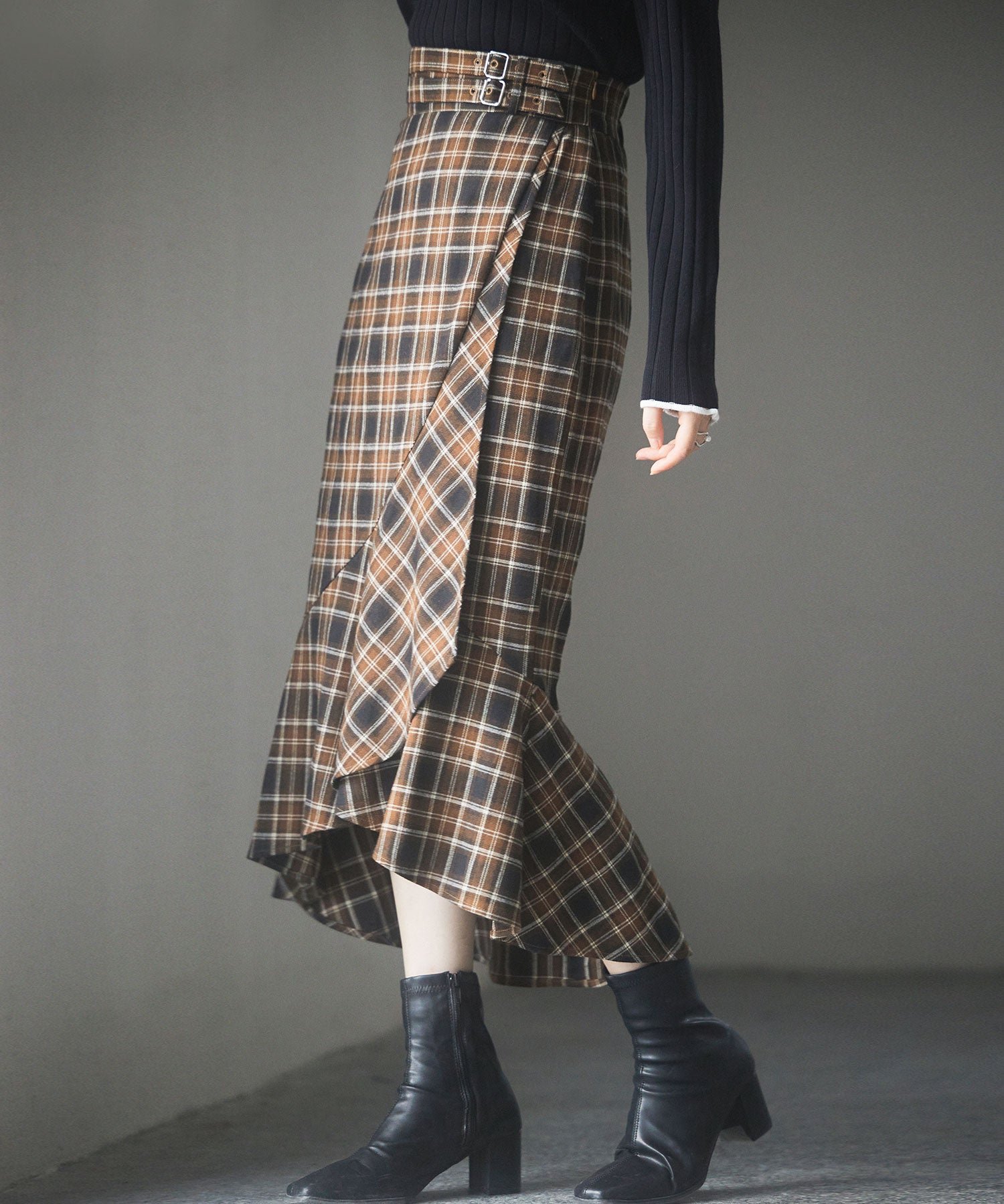 ラップ風チェック柄ヘム裾スカートsdp0057c ブラウン