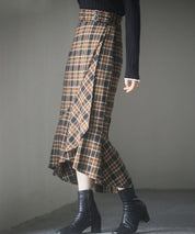 ラップ風チェック柄ヘム裾スカートsdp0057c ブラウン