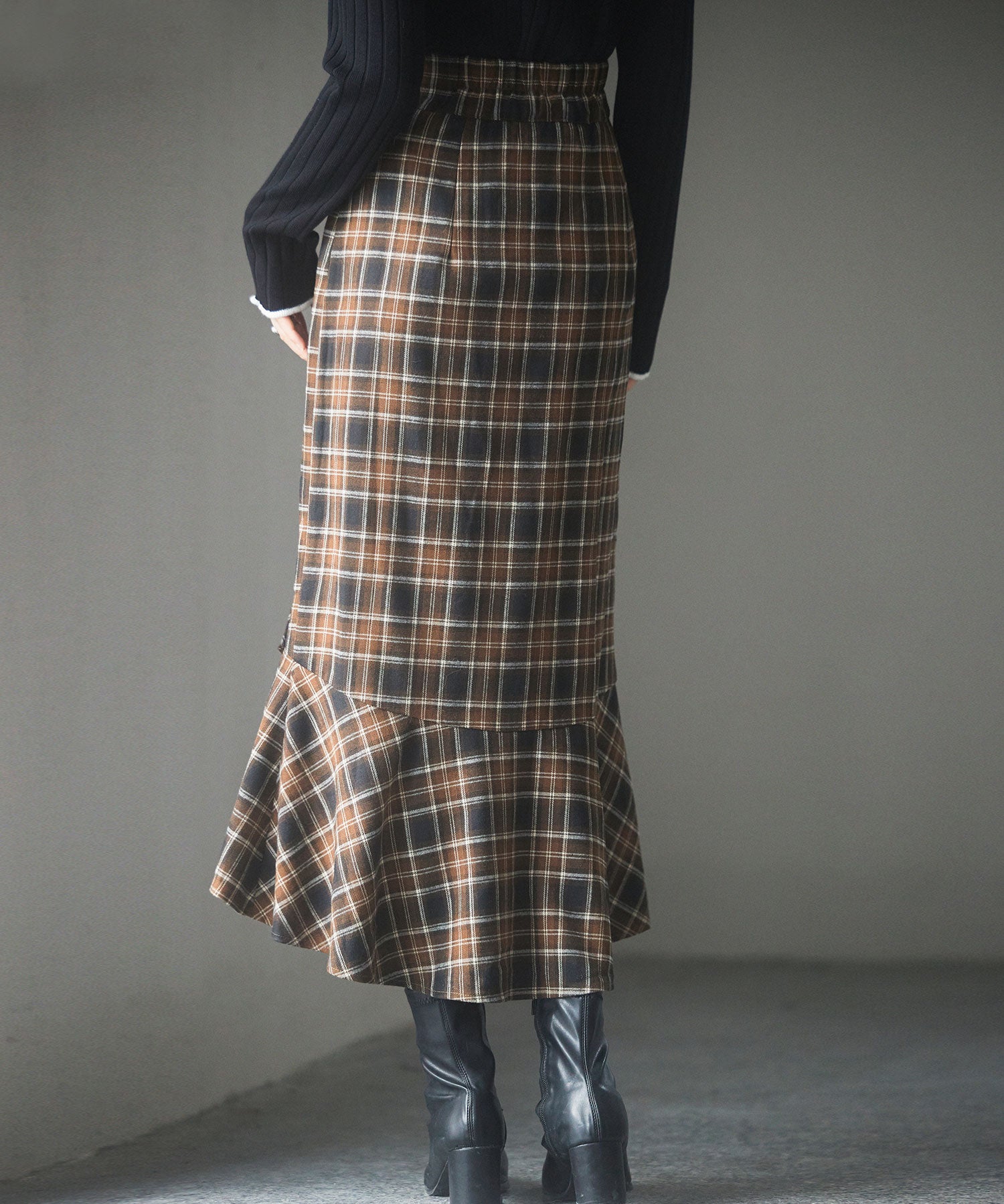 ラップ風チェック柄ヘム裾スカートsdp0057c ブラウン