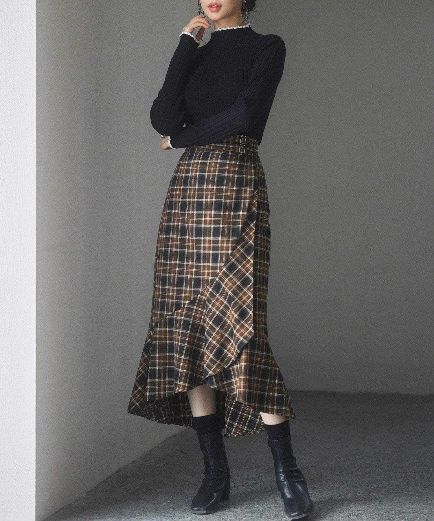 ラップ風チェック柄ヘム裾スカートsdp0057c ブラウン