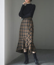ラップ風チェック柄ヘム裾スカートsdp0057c ブラウン