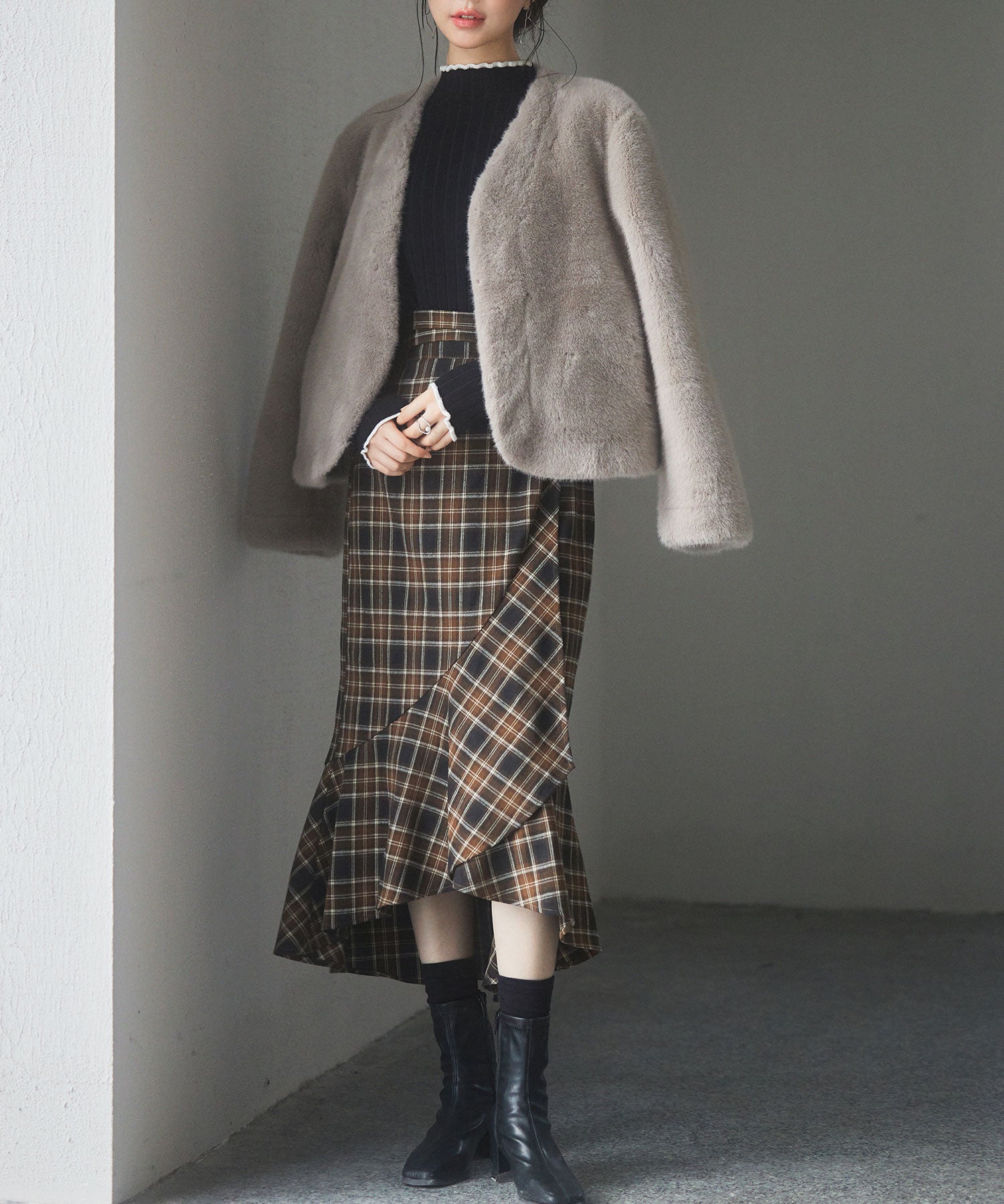 ラップ風チェック柄ヘム裾スカートsdp0057c ブラウン