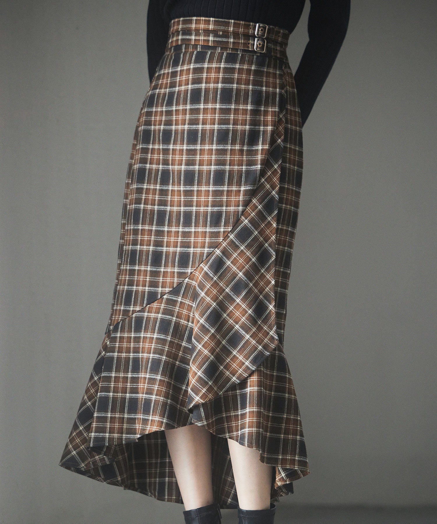 ラップ風チェック柄ヘム裾スカートsdp0057c ブラウン