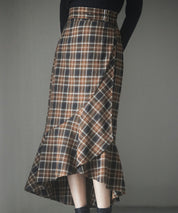 ラップ風チェック柄ヘム裾スカートsdp0057c ブラウン