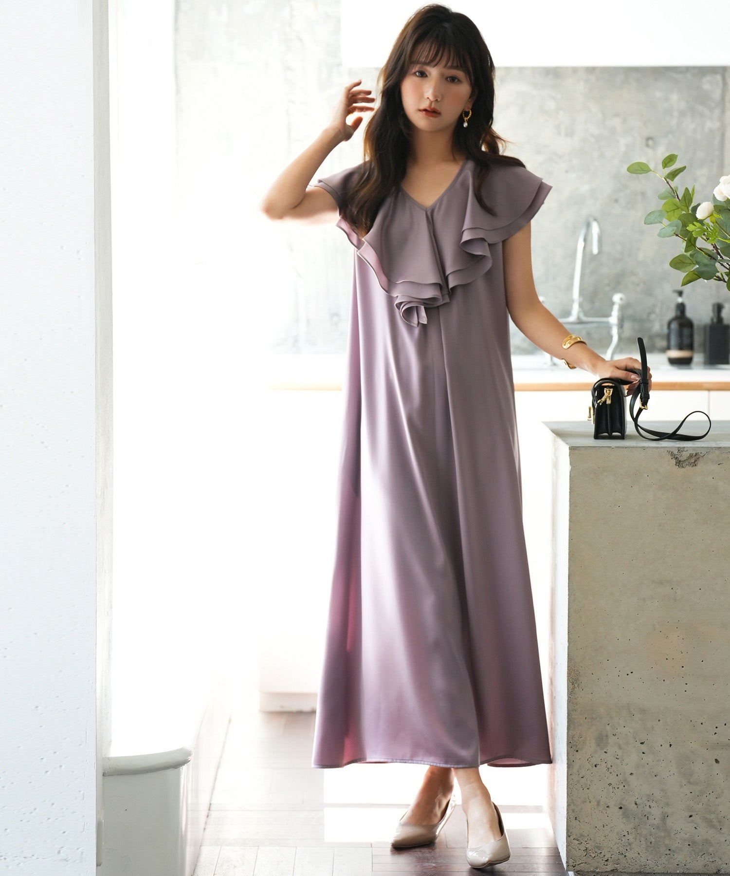 フリルカラーサテンロングワンピースsdp0058-102-100