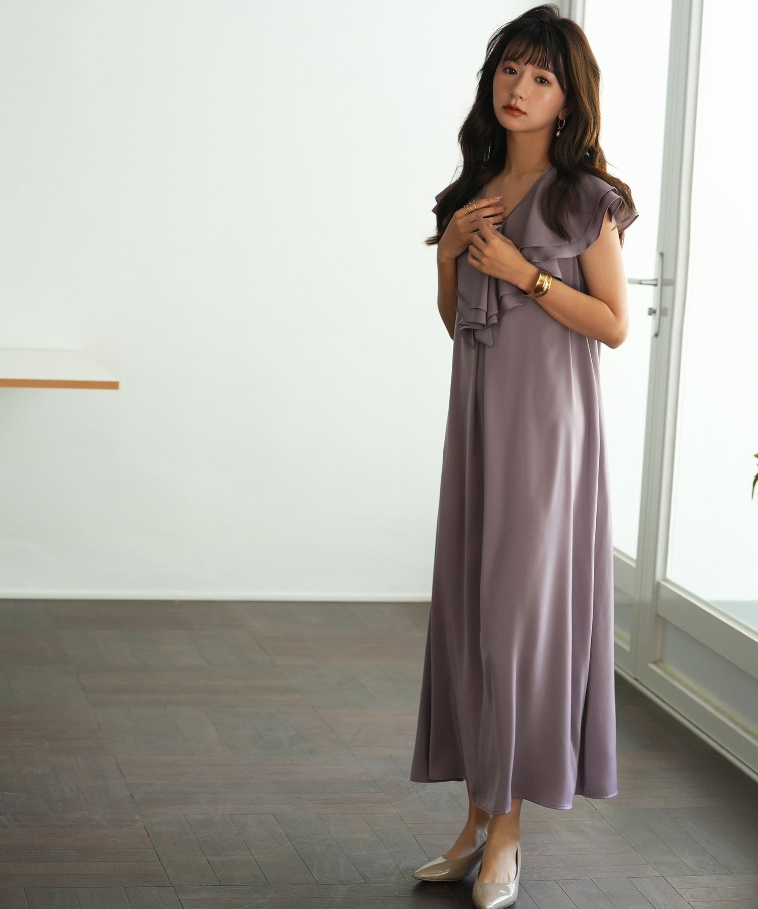 フリルカラーサテンロングワンピースsdp0058 ラベンダー