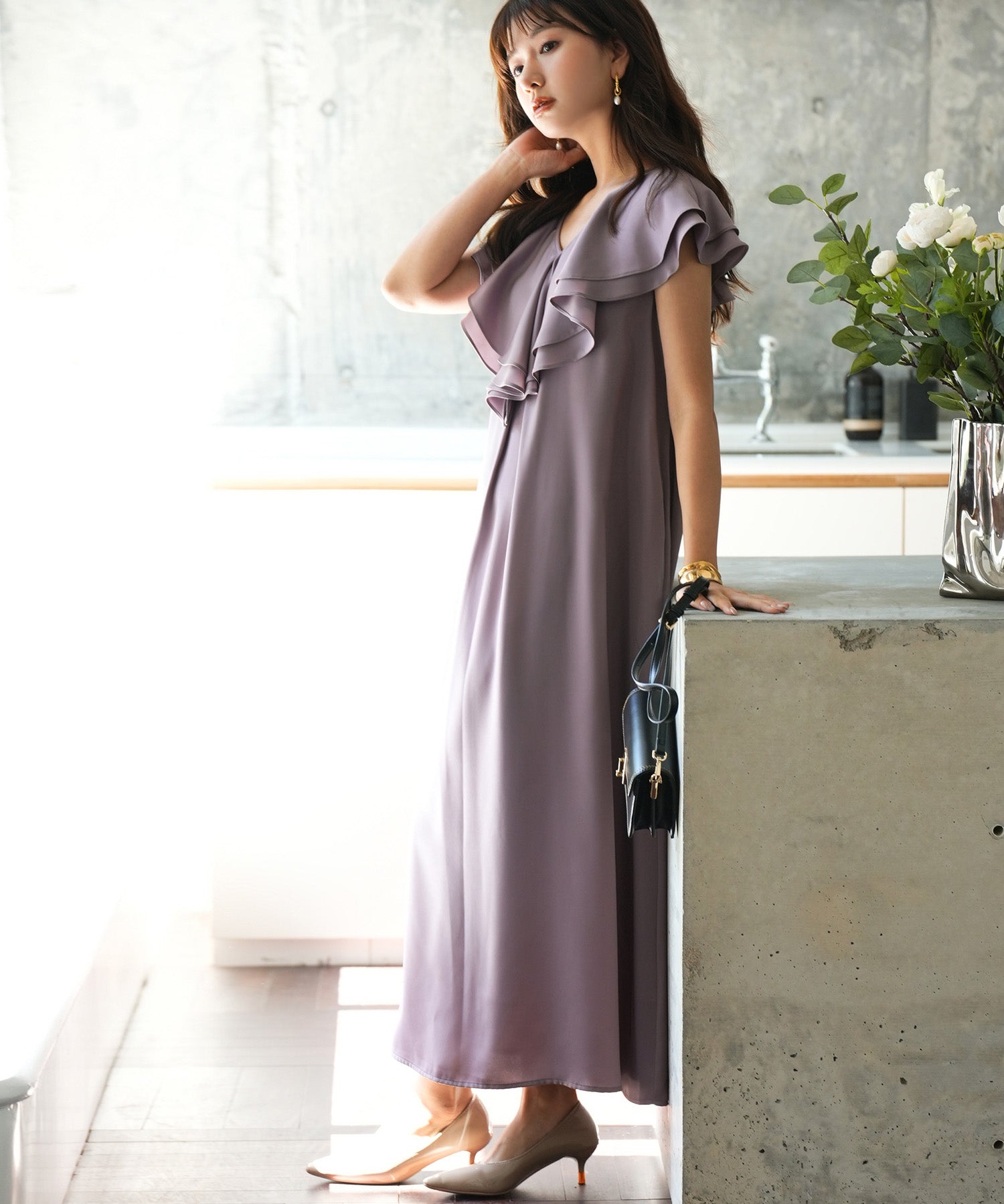 フリルカラーサテンロングワンピースsdp0058 ラベンダー