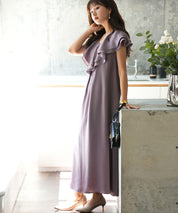 フリルカラーサテンロングワンピースsdp0058 ラベンダー