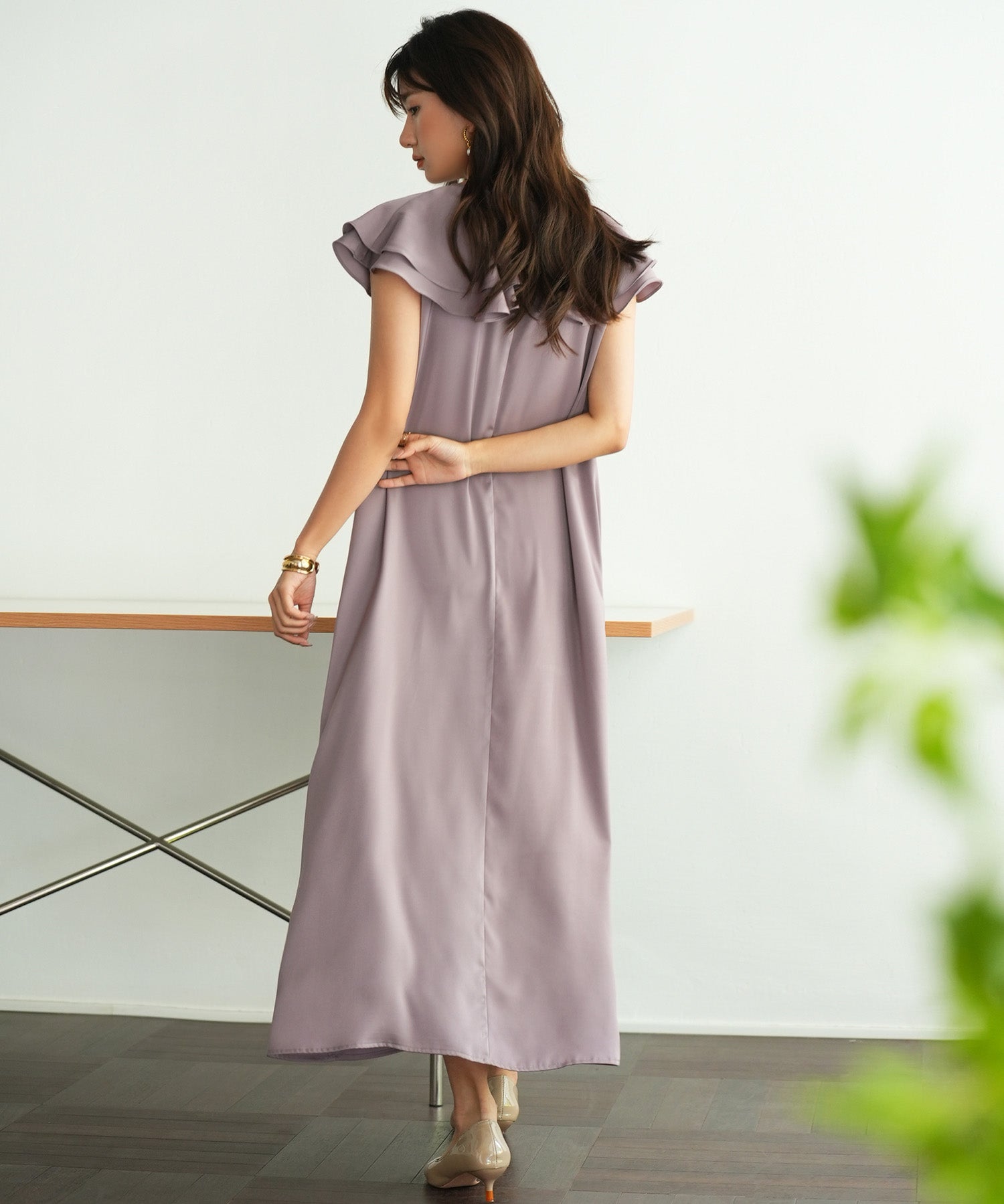 フリルカラーサテンロングワンピースsdp0058 ラベンダー