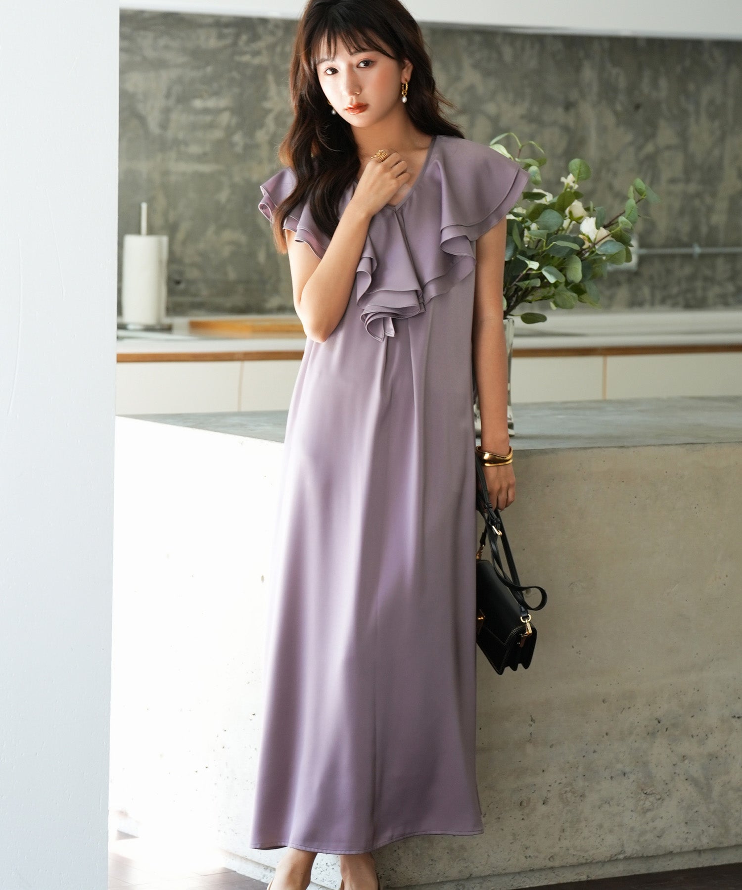 フリルカラーサテンロングワンピースsdp0058 ラベンダー
