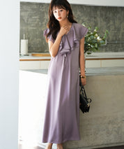 フリルカラーサテンロングワンピースsdp0058 ラベンダー