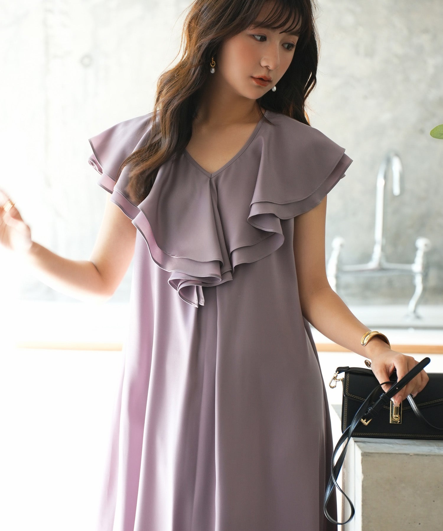 フリルカラーサテンロングワンピースsdp0058 ラベンダー