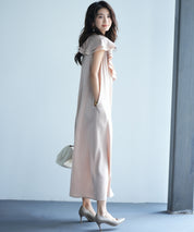 フリルカラーサテンロングワンピースsdp0058 ベージュ