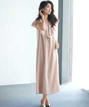 フリルカラーサテンロングワンピースsdp0058 ベージュ
