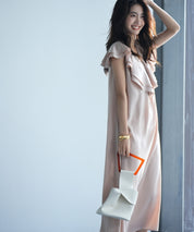 フリルカラーサテンロングワンピースsdp0058 ベージュ