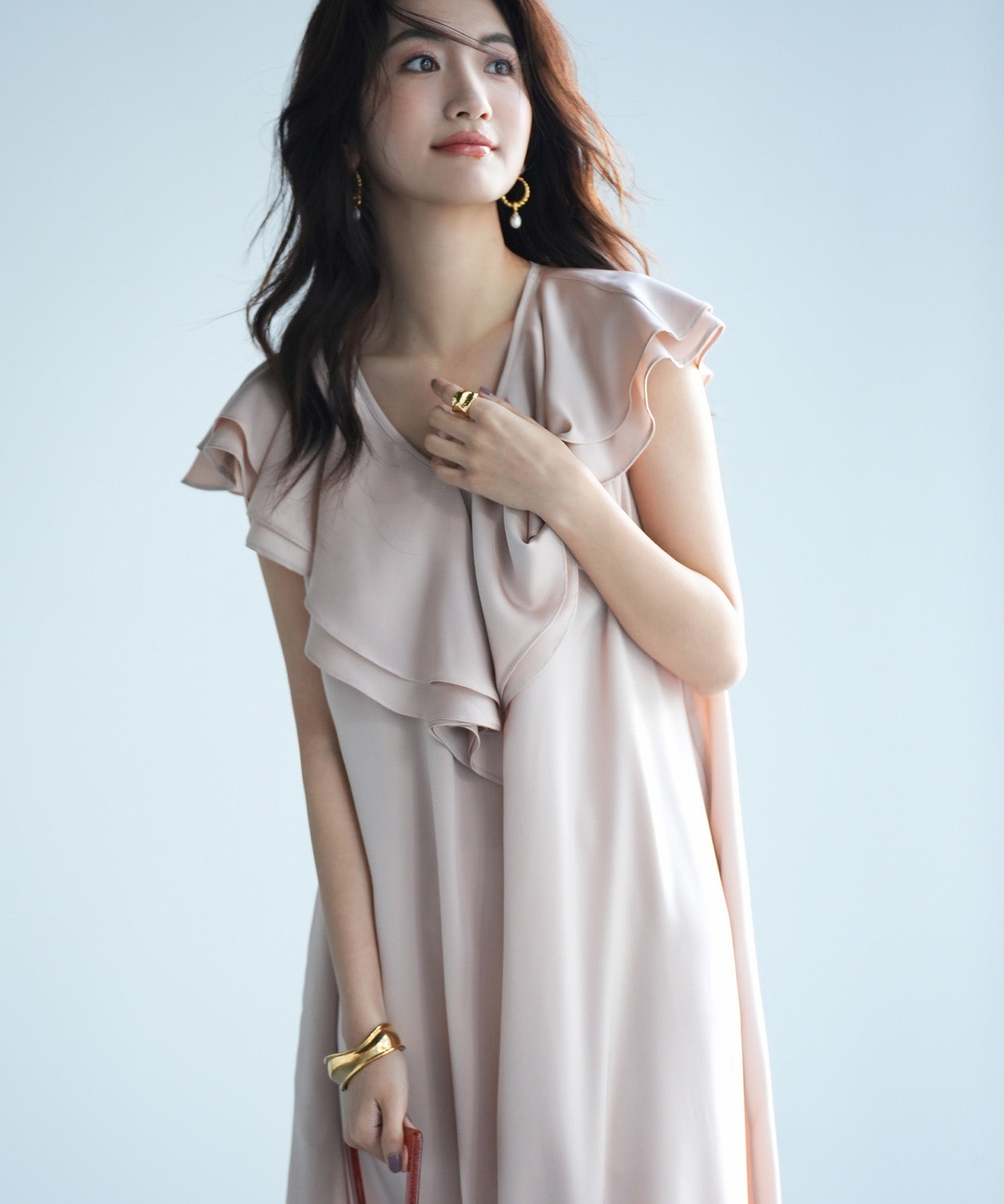 フリルカラーサテンロングワンピースsdp0058 ベージュ
