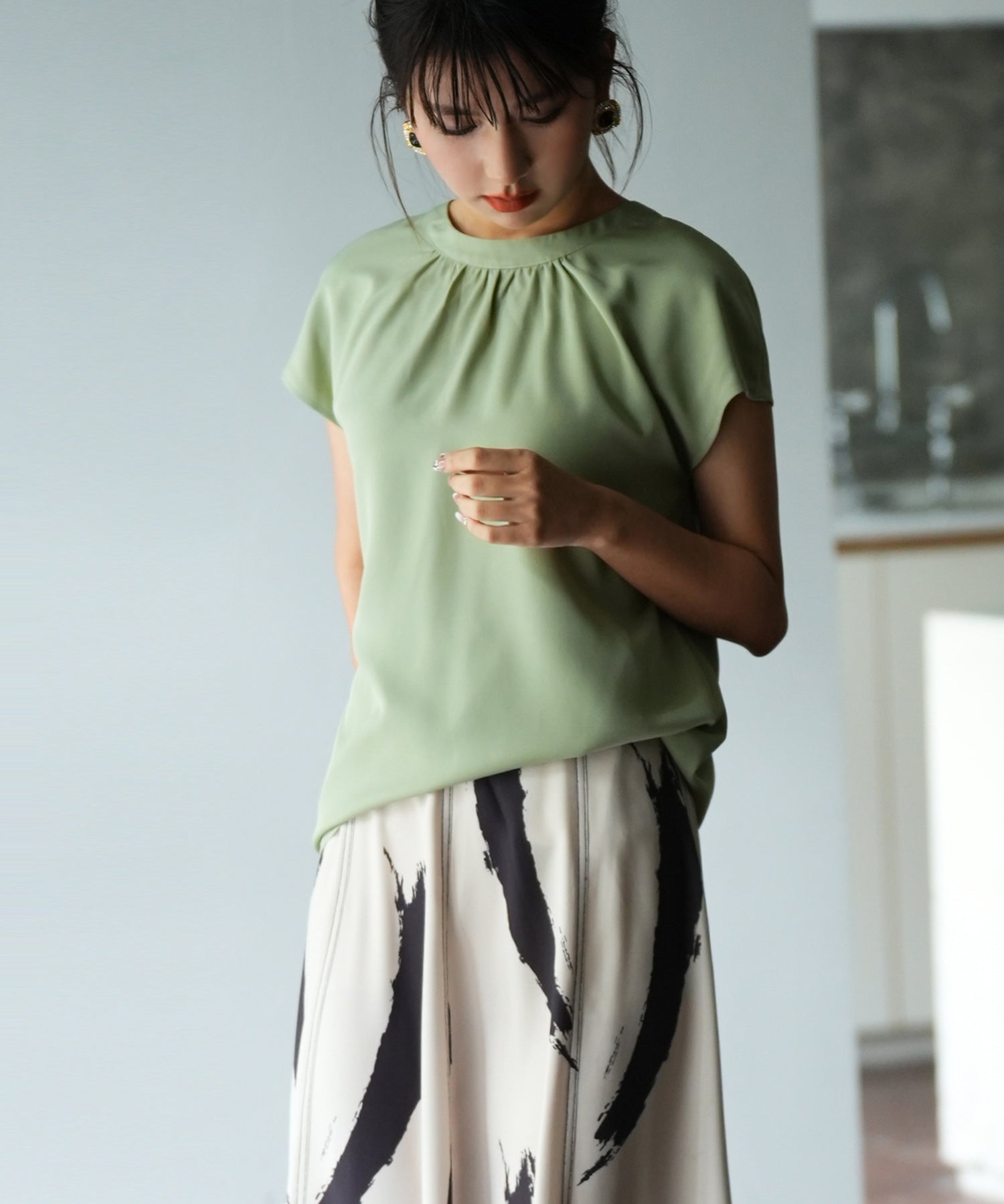 前後2wayフレンチスリーブブラウスsdp0059 ライトグリーン