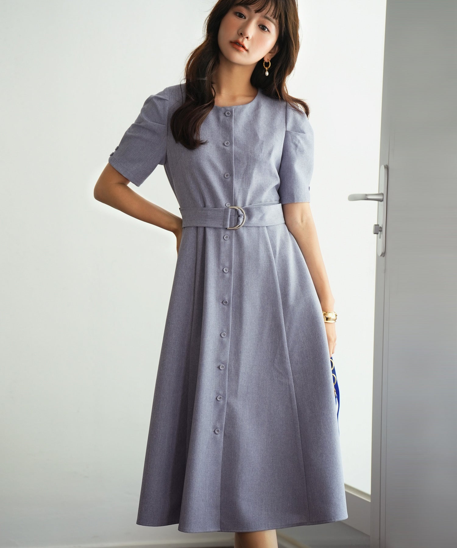共布ベルト付きウエストゴムミモレ丈ワンピースsdp0063-102-34