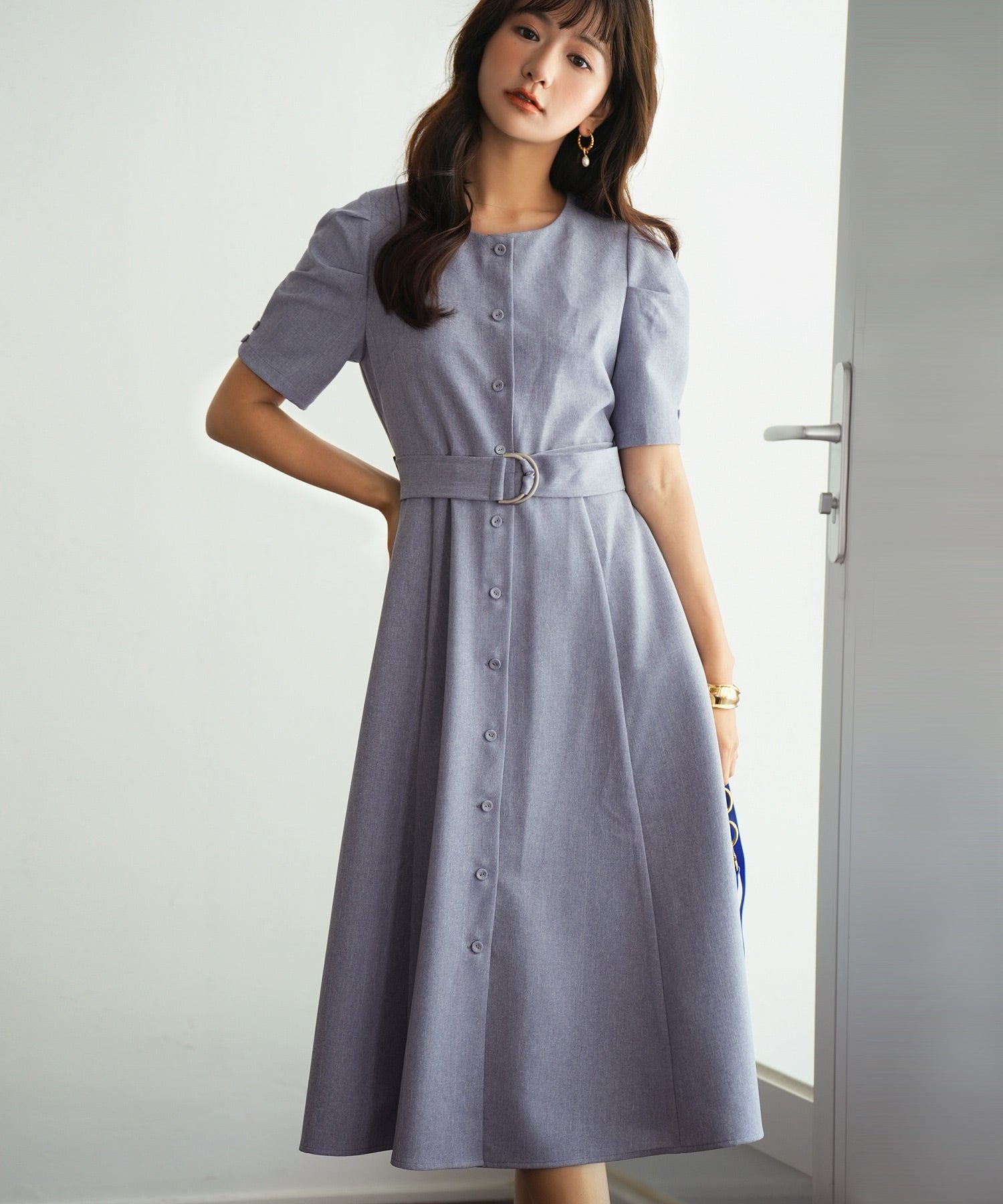 共布ベルト付きウエストゴムミモレ丈ワンピースsdp0063-102-34