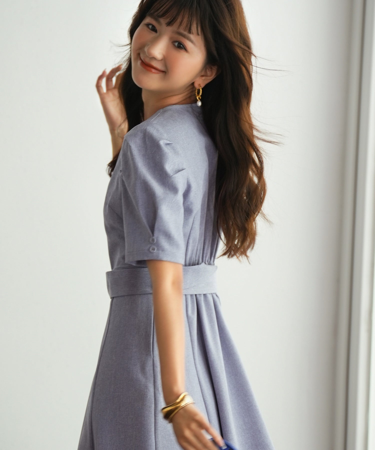 共布ベルト付きウエストゴムミモレ丈ワンピースsdp0063 ブルー