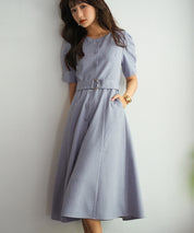 共布ベルト付きウエストゴムミモレ丈ワンピースsdp0063 ブルー