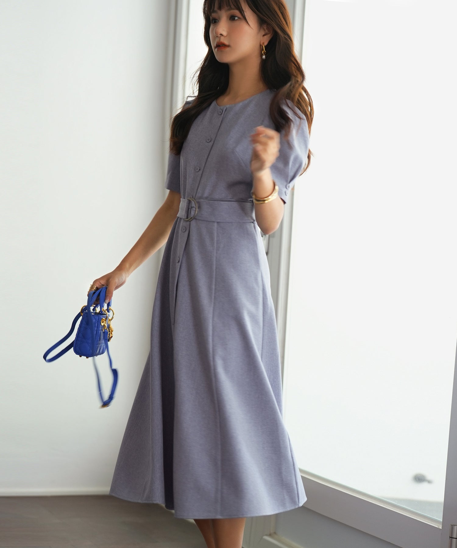 共布ベルト付きウエストゴムミモレ丈ワンピースsdp0063 ブルー