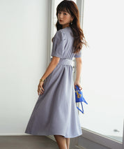 共布ベルト付きウエストゴムミモレ丈ワンピースsdp0063 ブルー