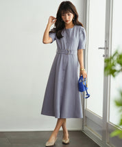 共布ベルト付きウエストゴムミモレ丈ワンピースsdp0063 ブルー