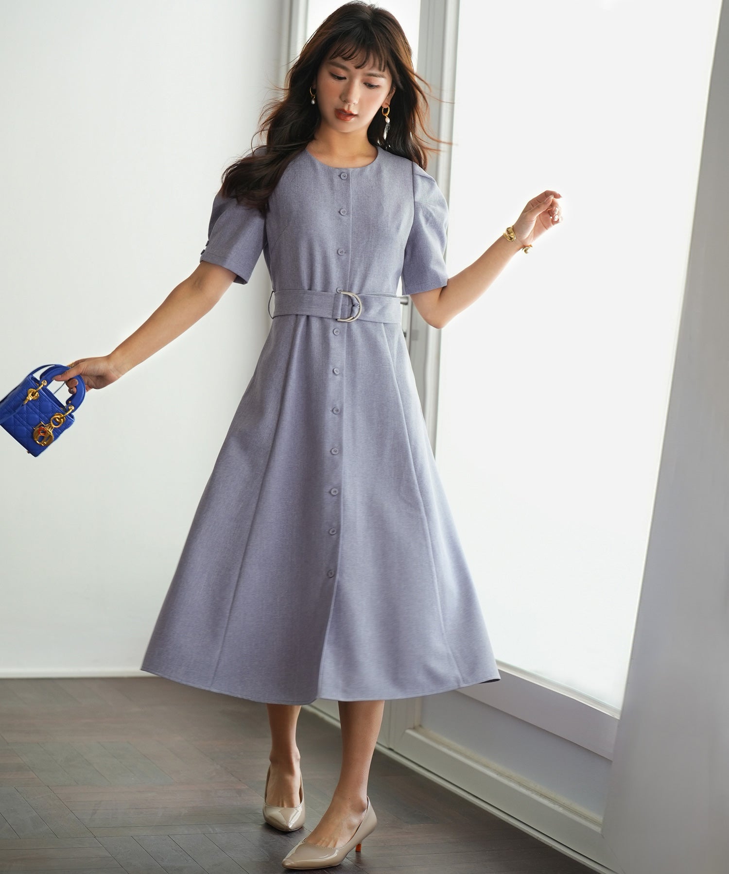 共布ベルト付きウエストゴムミモレ丈ワンピースsdp0063 ブルー