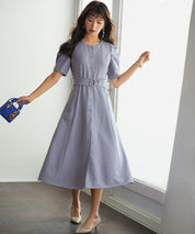共布ベルト付きウエストゴムミモレ丈ワンピースsdp0063 ブルー