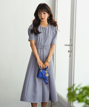 共布ベルト付きウエストゴムミモレ丈ワンピースsdp0063 ブルー