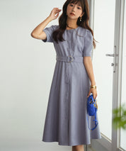 共布ベルト付きウエストゴムミモレ丈ワンピースsdp0063 ブルー