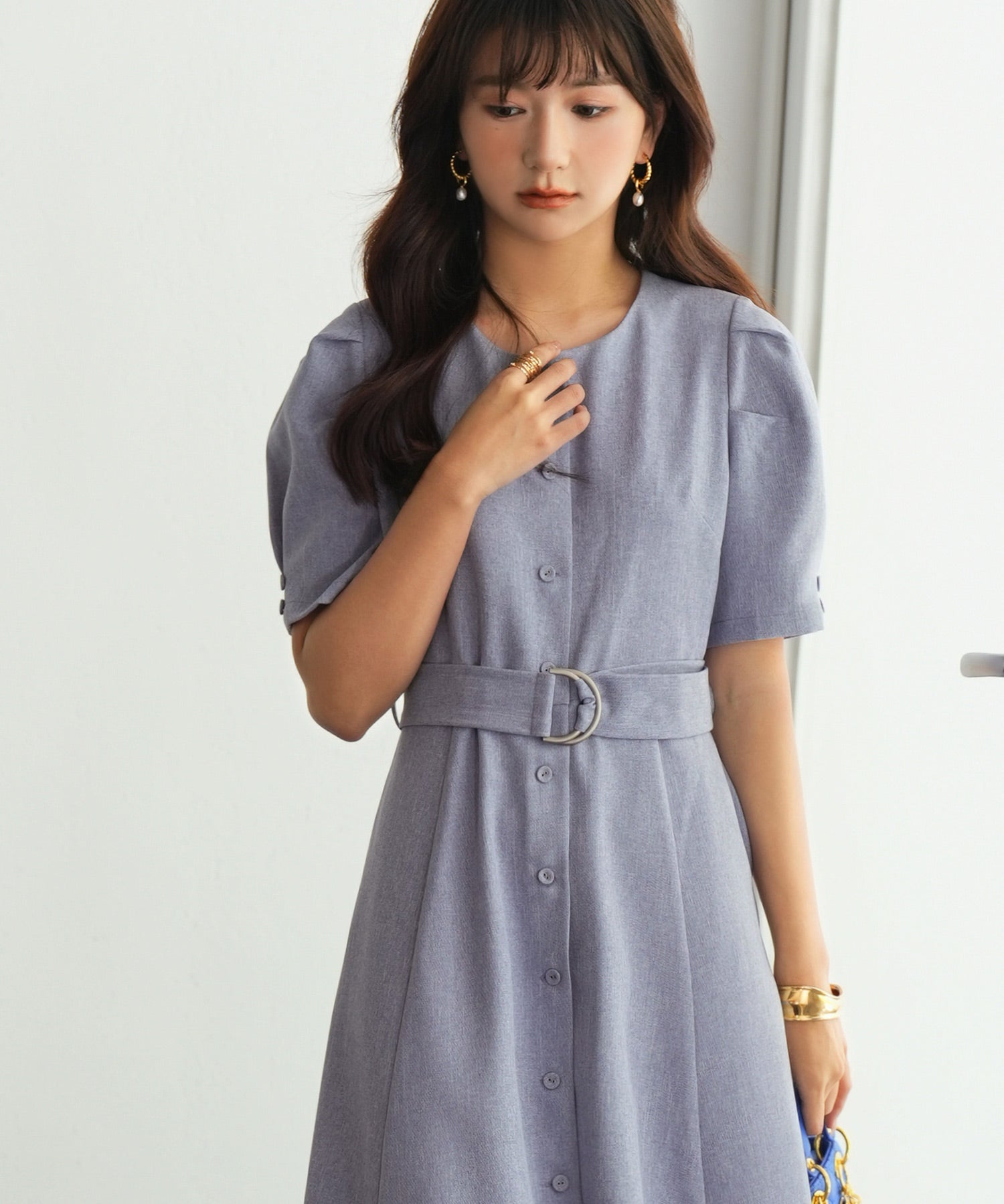 共布ベルト付きウエストゴムミモレ丈ワンピースsdp0063 ブルー