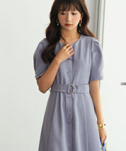 共布ベルト付きウエストゴムミモレ丈ワンピースsdp0063 ブルー
