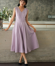 Vネックフレアロング丈ワンピースsdp0064 ラベンダー